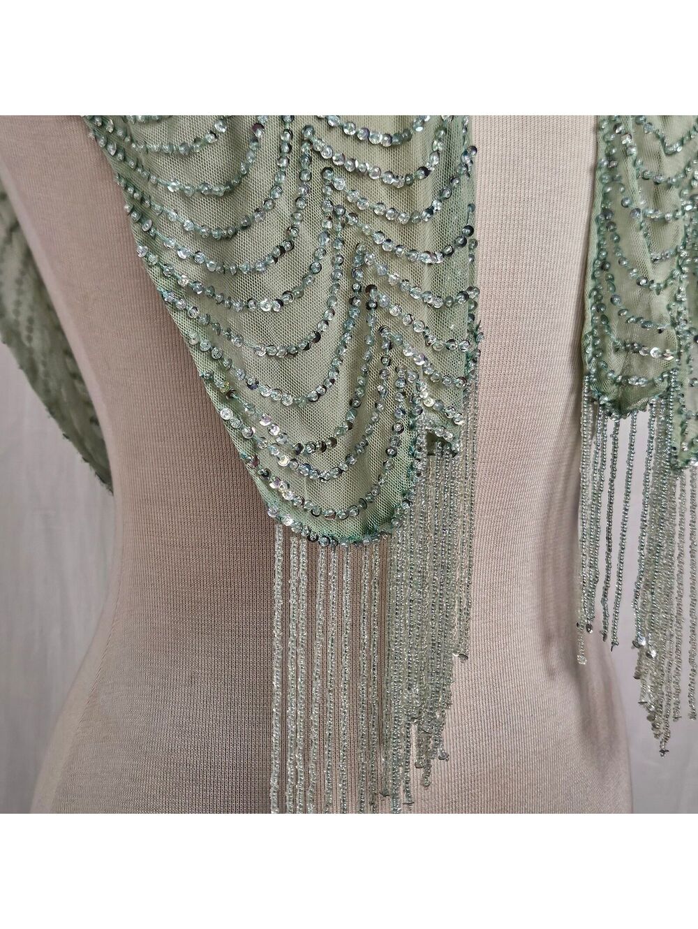 Vintage Lulu Guinness Beaded & Sequin on Silk & Mesh Seafoam Green Scarf - Picture 4 of 7